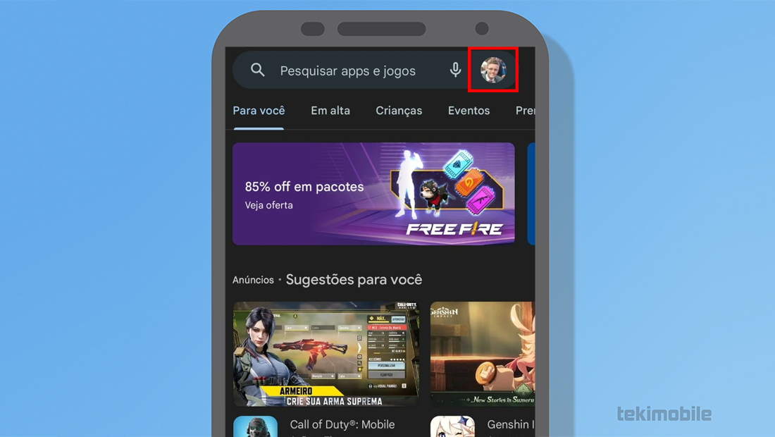 O ícone está no canto superior direito com a sua foto