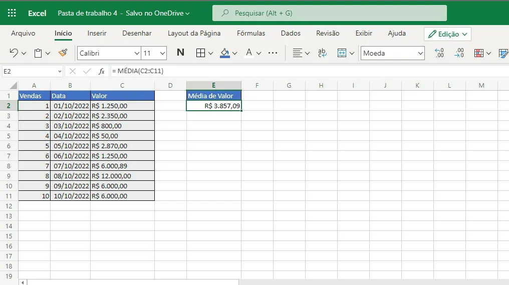 A média dos valores é exibida em seguida - Como calcular media aritmética no Excel