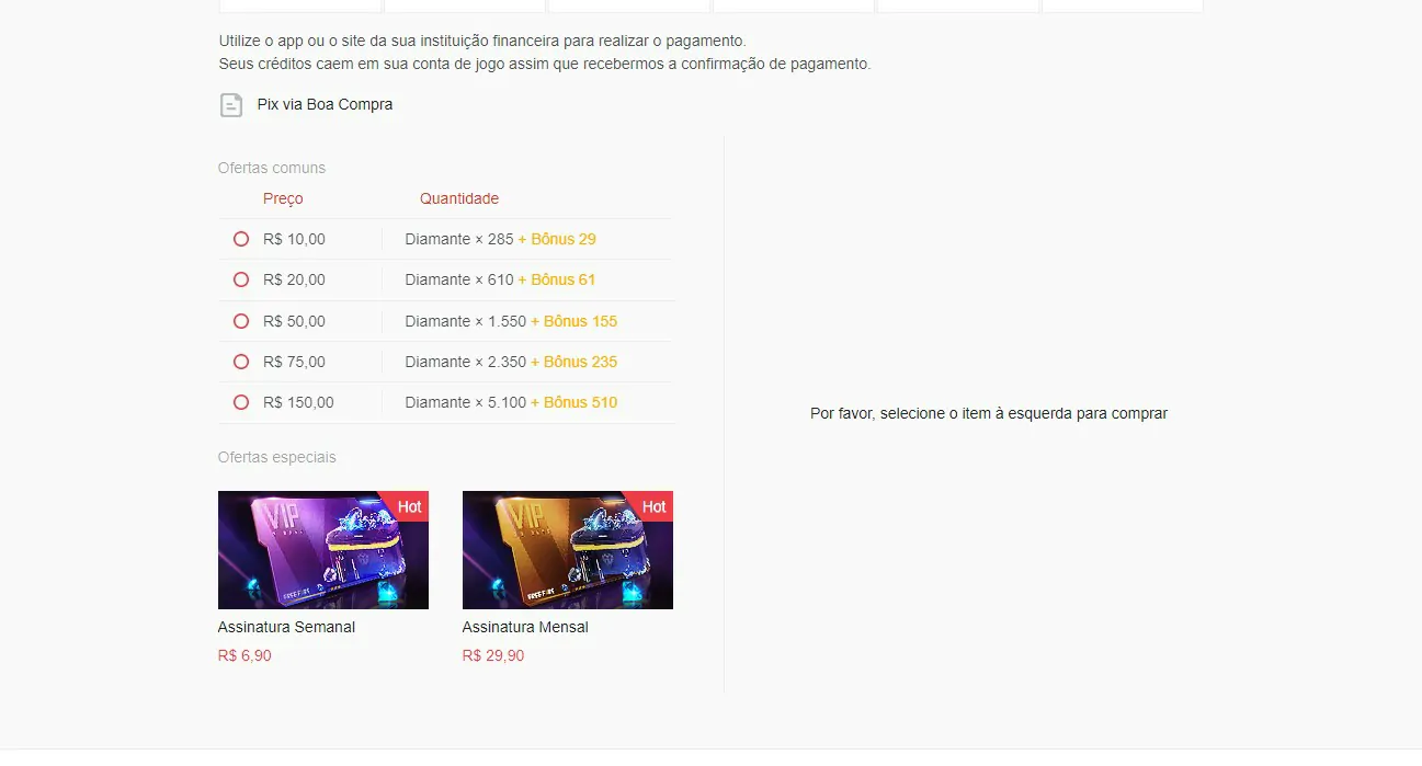 Clique em uma das opções de valores - Como usar o recarga jogo PIX do Free Fire