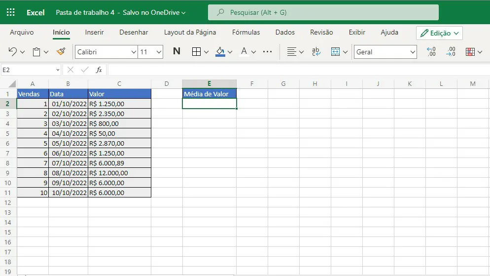 Clique sobre a cédula vazia de média - Como calcular media aritmética no Excel