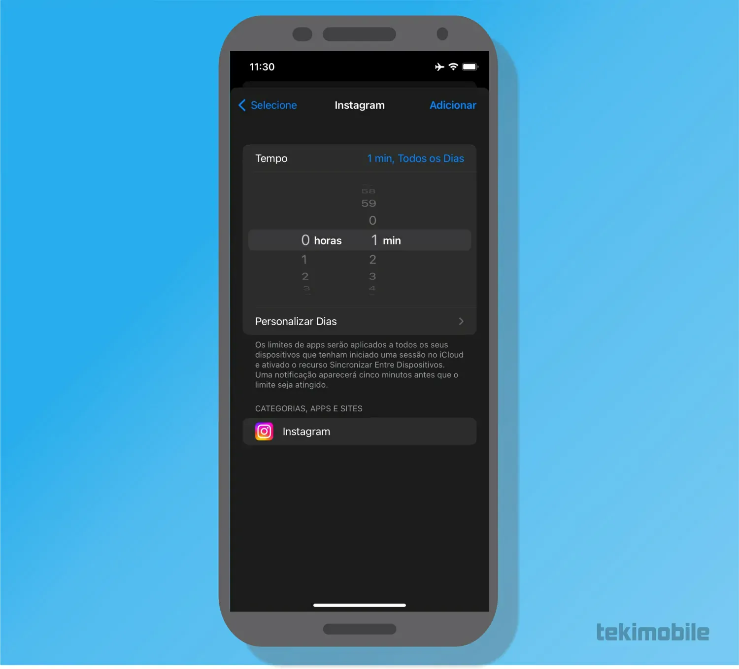 Defina o tempo - Como colocar senha no Instagram - Android e iOS