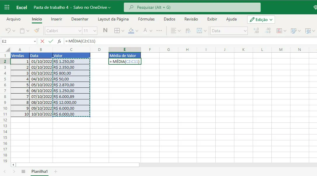 Selecione as células de valores - Como calcular media aritmética no Excel