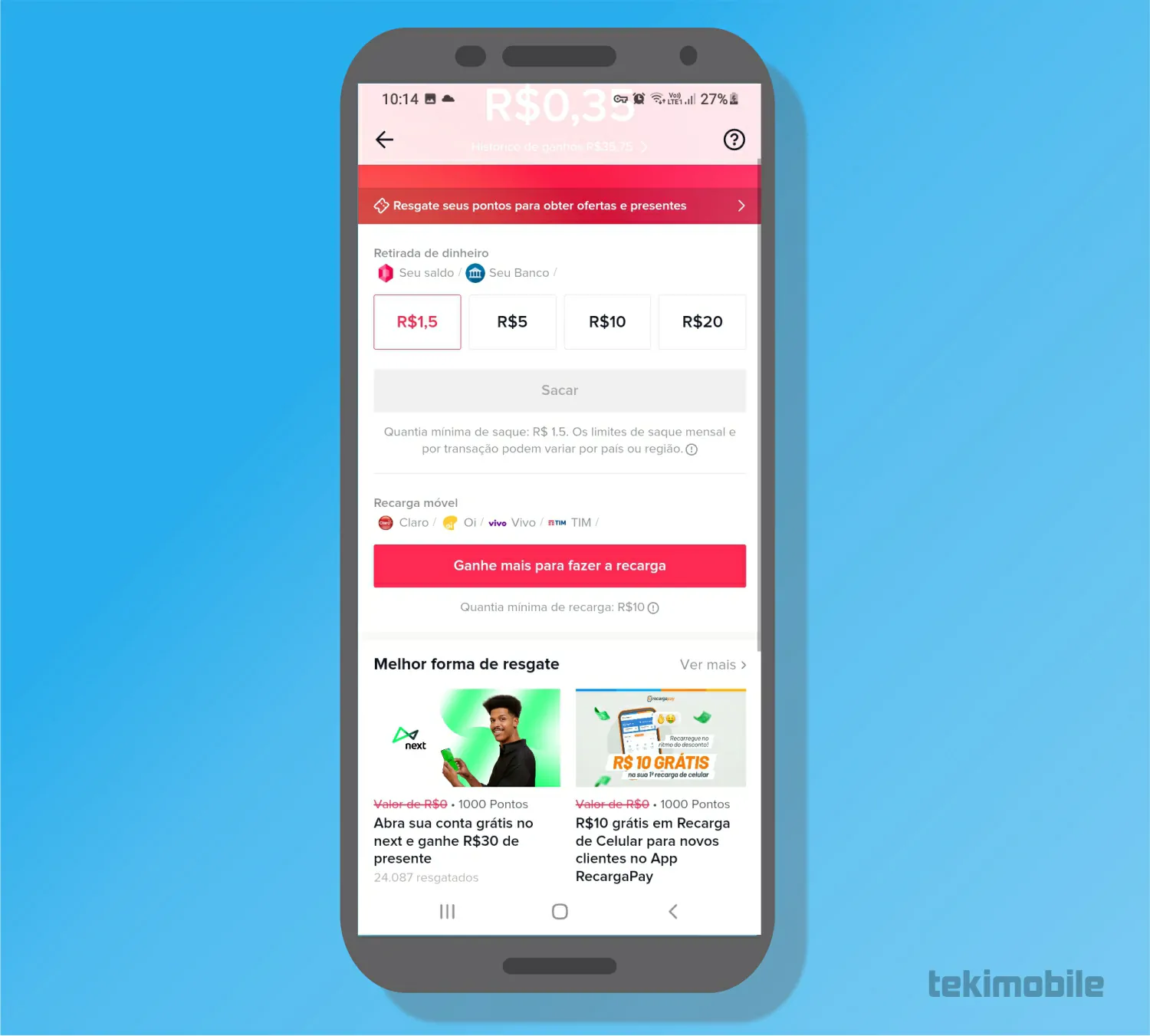 Selecione o valor de saque - Como transferir dinheiro do TikTok para o PicPay