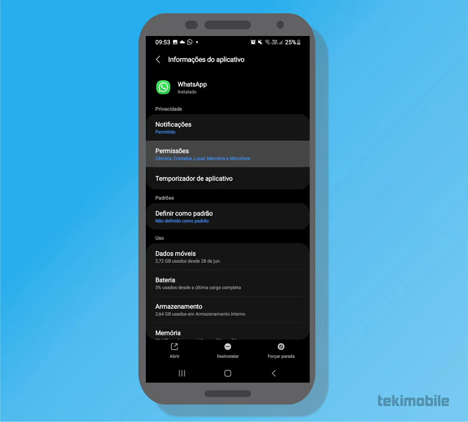 Toque sobre Permissões - Código do WhatsApp não chegou O que fazer