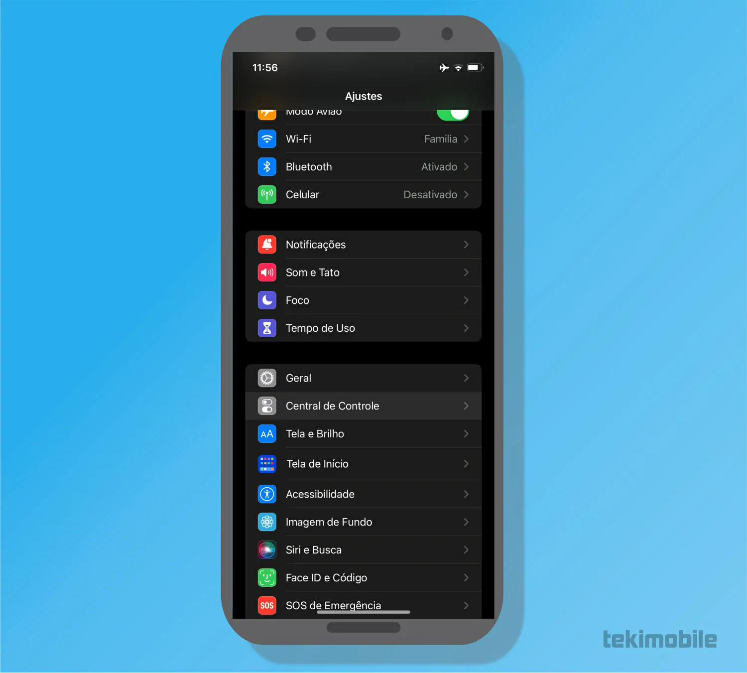 Toque sobre a opção de central - Como ativar NFC no iPhone