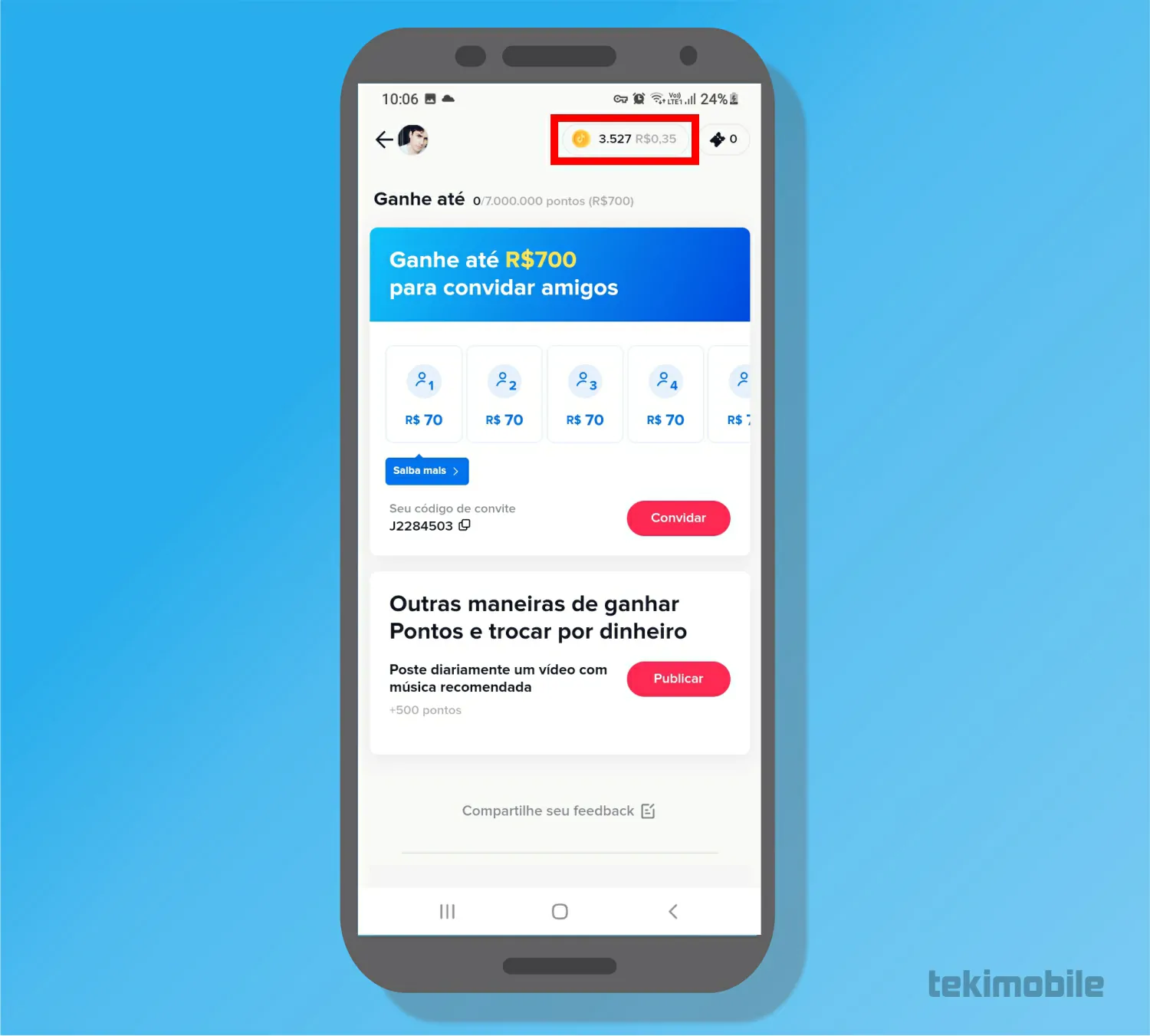 Toque sobre o saldo no canto supeiror a direita - Como transferir dinheiro do TikTok para o PicPay