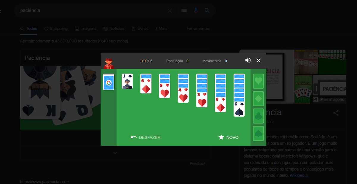 Como jogar paciência no Google e outros jogos