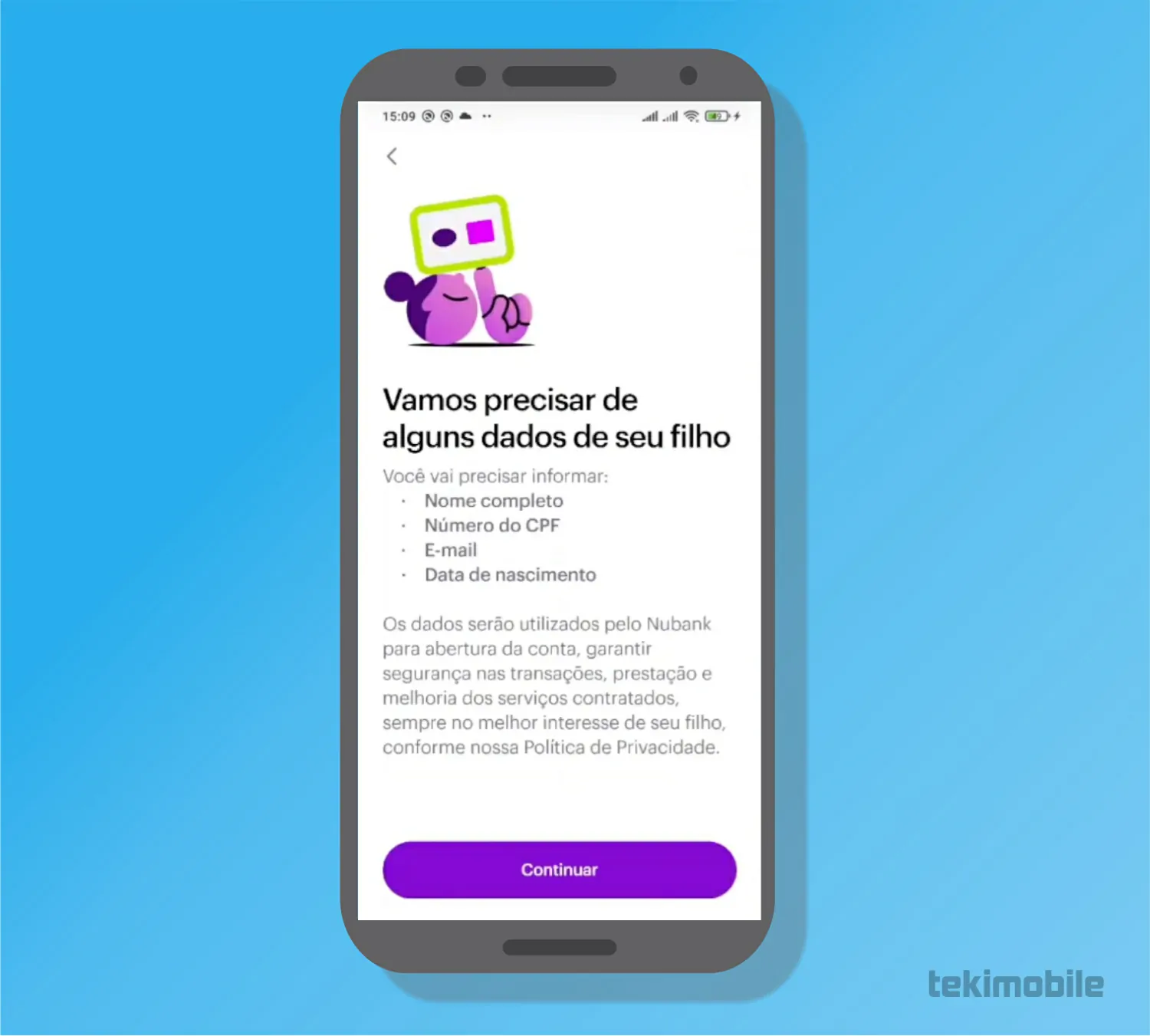 Separe os documentos do menor e toque em continuar - Como abrir conta no Nubank para menores de 18 anos