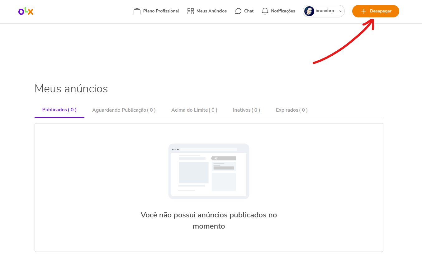 Clique sobre Desapegar - Como anunciar no OLX no computador