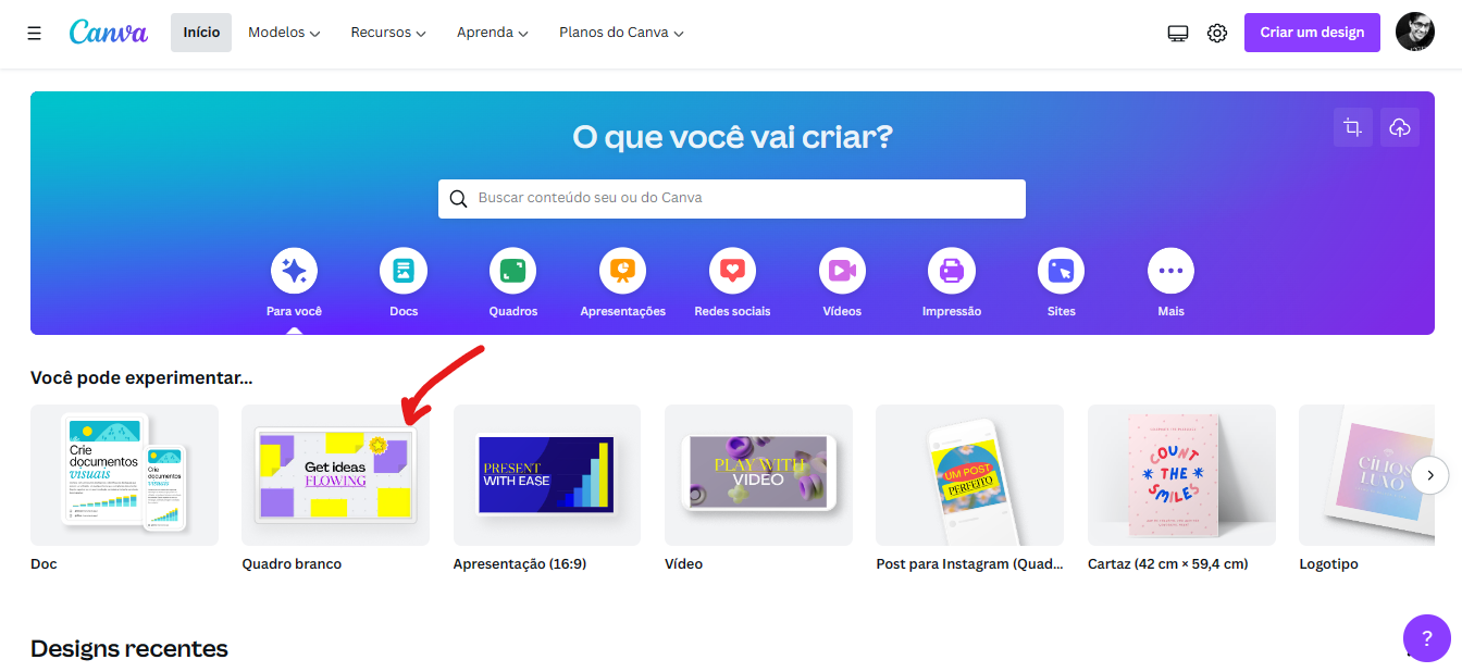 Clique sobre Quadro Branco - Como usar o Canva [para iniciantes]
