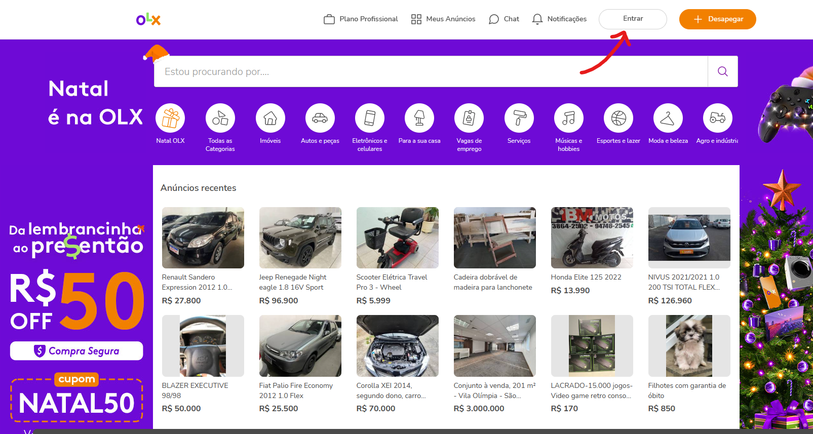 Clique sobre entrar - Como anunciar no OLX no computador