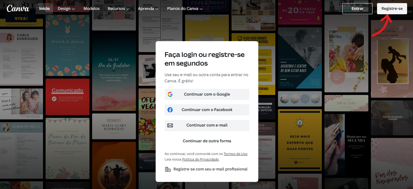 Clique sobre o botão Registre-se - Como usar o Canva [para iniciantes]