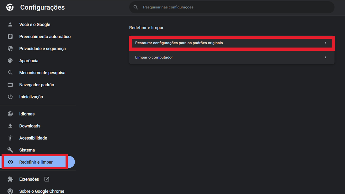 Redefinir google chrome