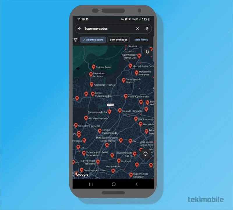 Imagem mostrando uma lista de supermercados próximos a mim no Google Maps