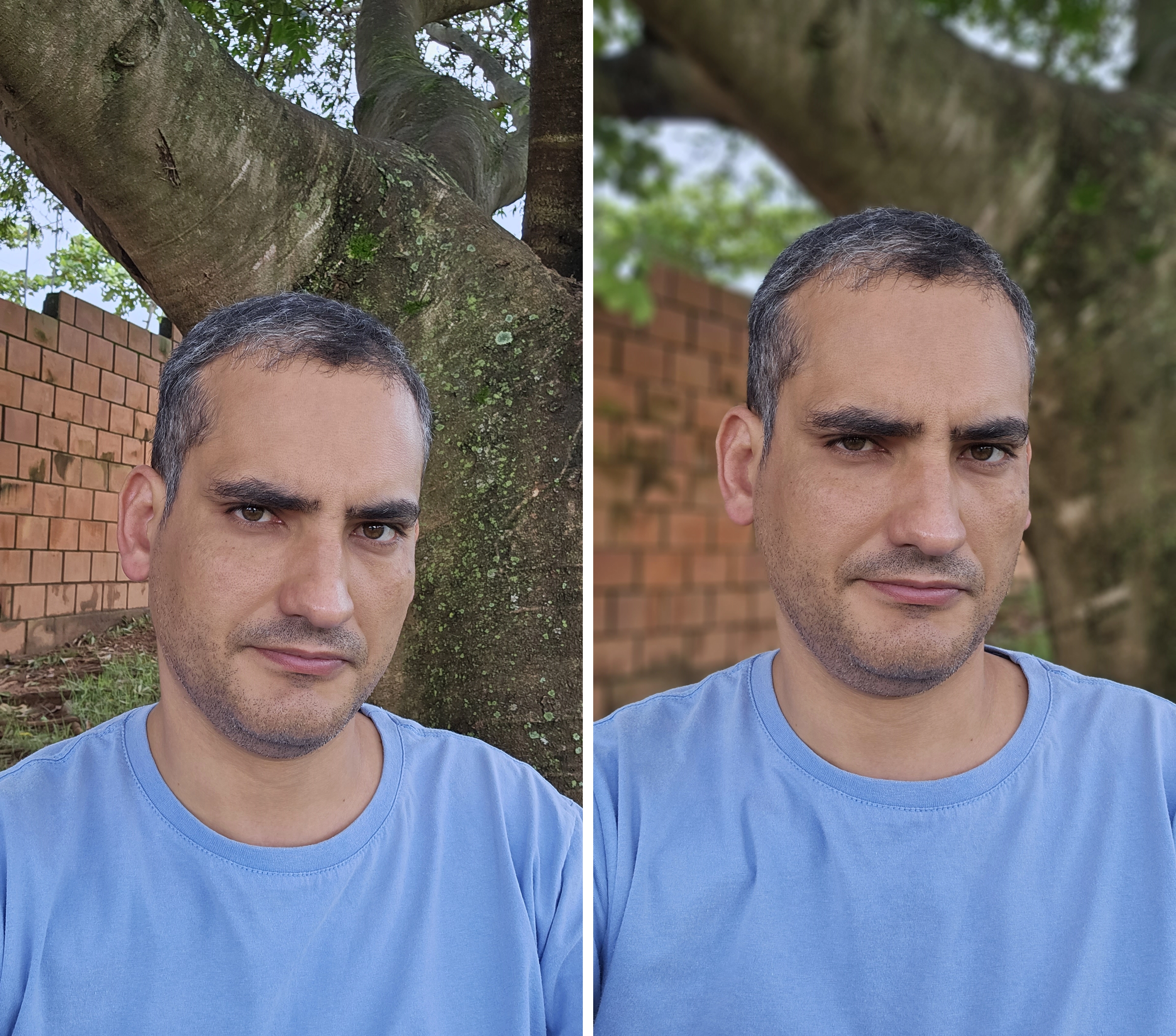 Foto tirada com o Samsung Galaxy S23 Ultra com a câmera de selfie durante o dia, com e sem modo retrato