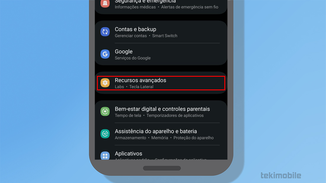 configurações celulares da samsung recursos