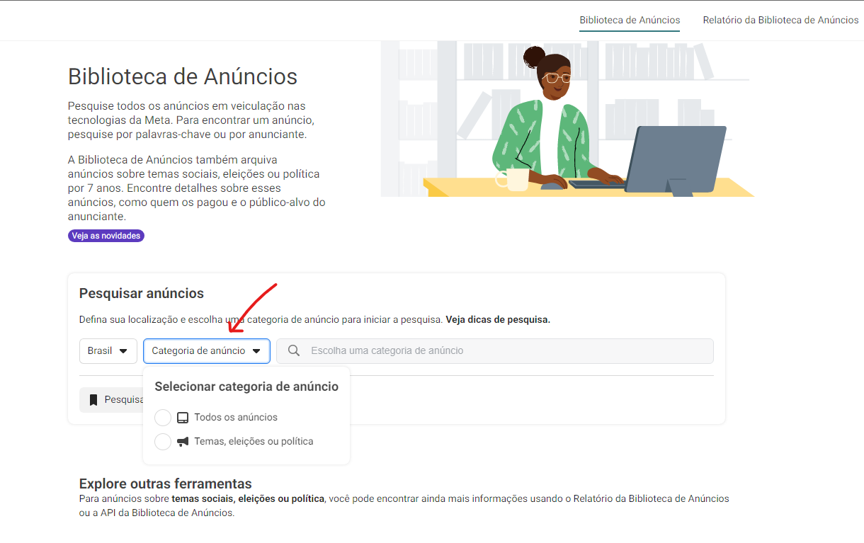 Onde fica a Biblioteca de anúncios do Facebook 1