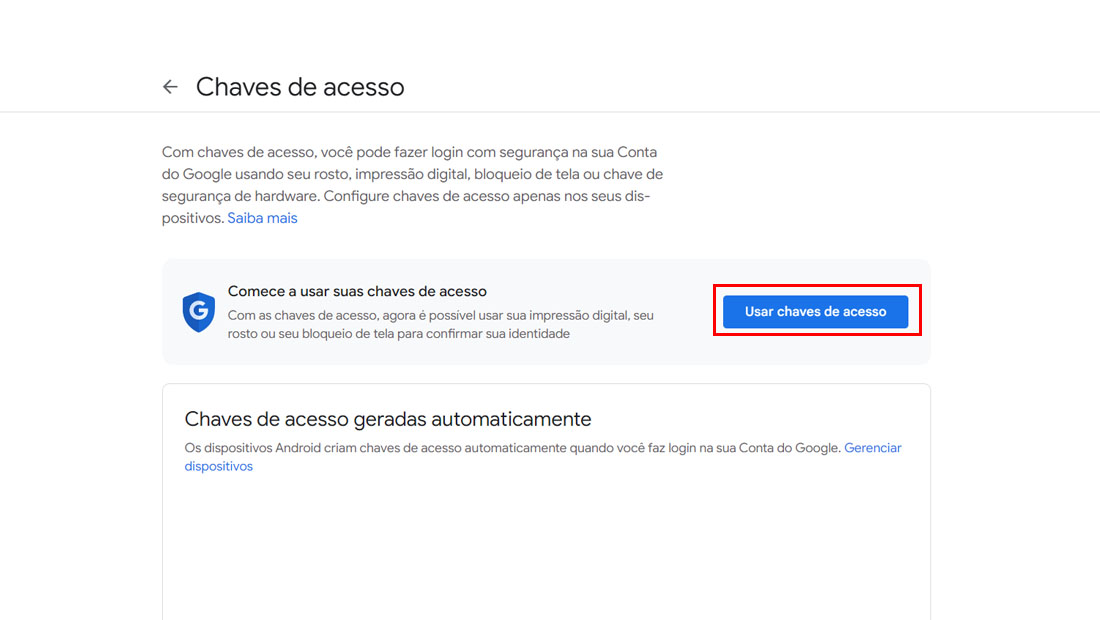 chaves de acesso gmail