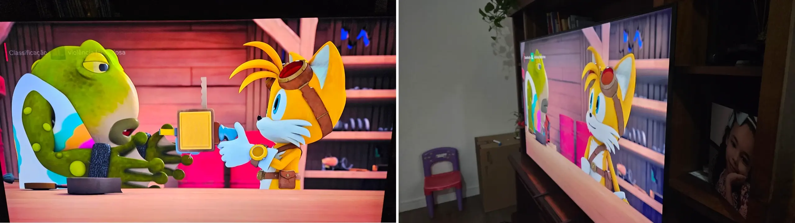 Olhando de lado, a tela da Q70C há uma perda no contraste e as cores ficam mais opacas