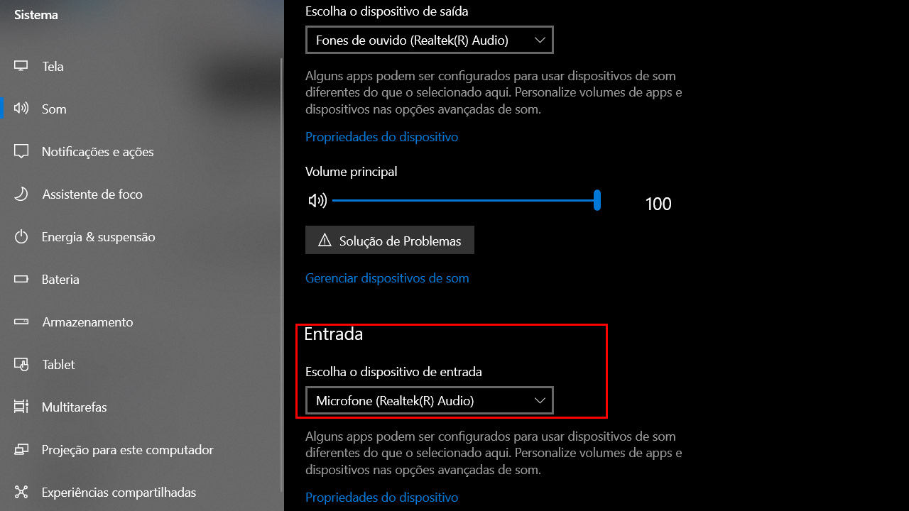microfone de entrada windows