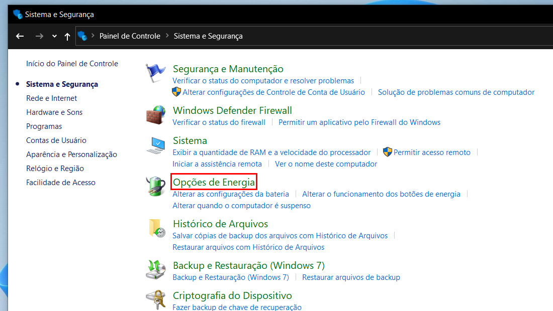 opções de energia windows 11