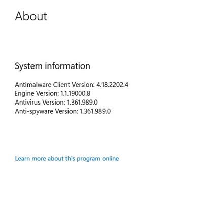 versão atual do aplicativo Windows Security