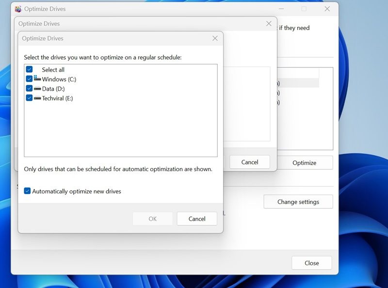 Otimizar automaticamente novos drives