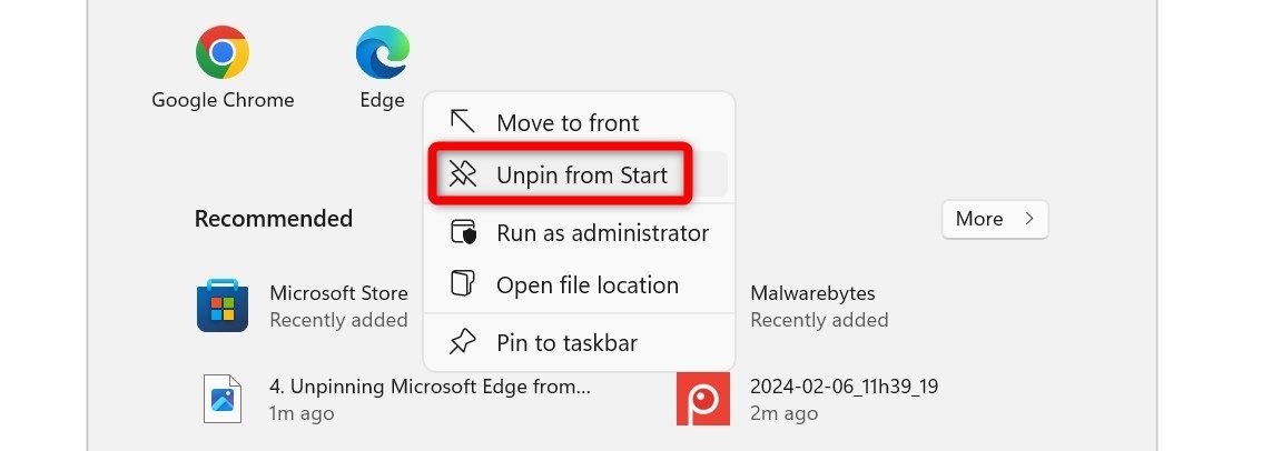 Desafixando o Microsoft Edge do início no Windows.