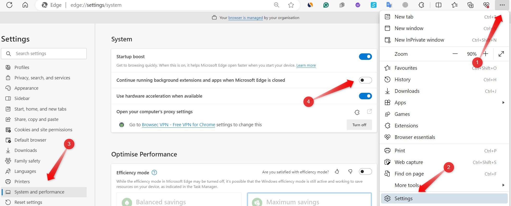 Desativando o processo em segundo plano nas configurações do Microsoft Edge.