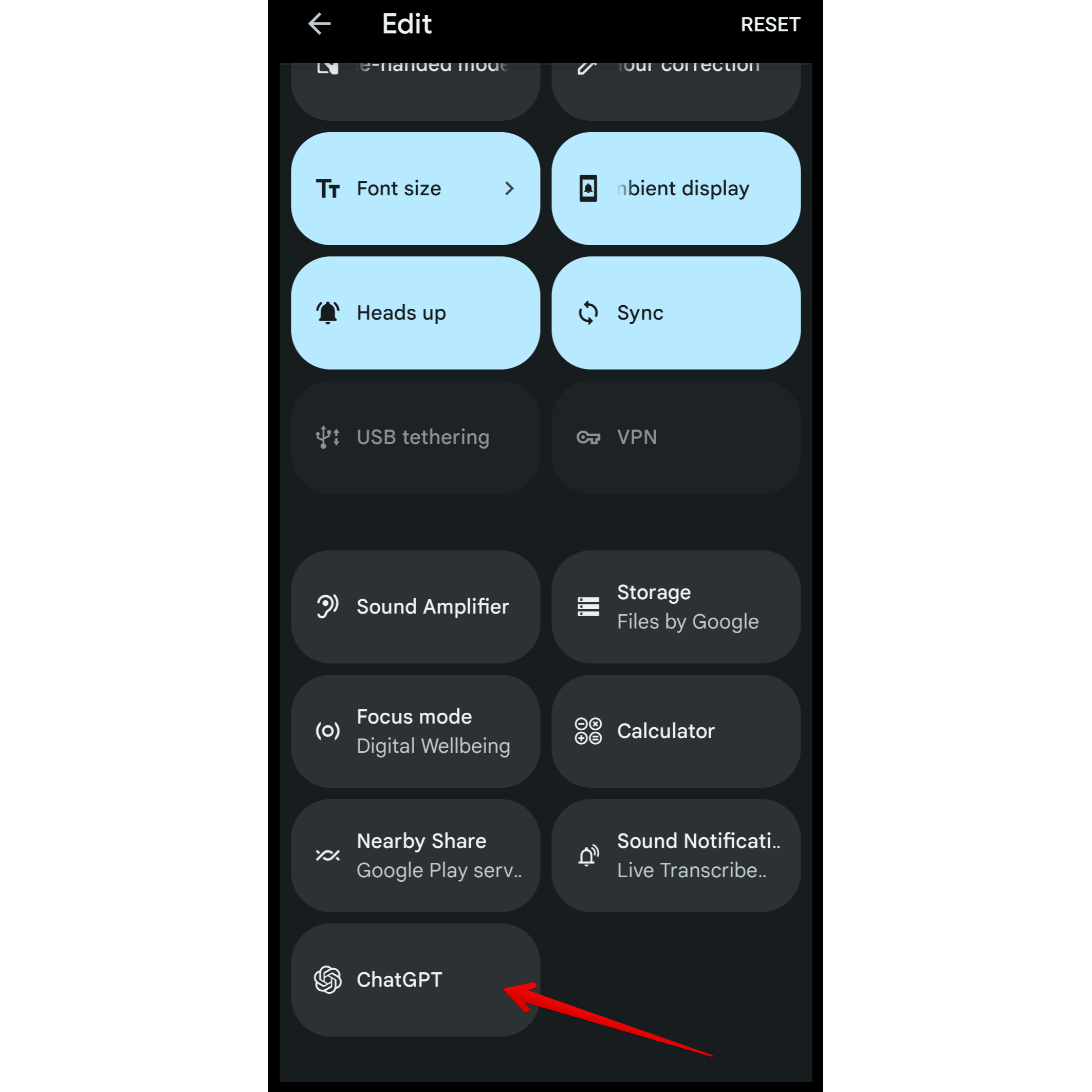 Uma visualização dos blocos de configurações rápidas. O bloco ChatGPT está localizado na parte inferior. 