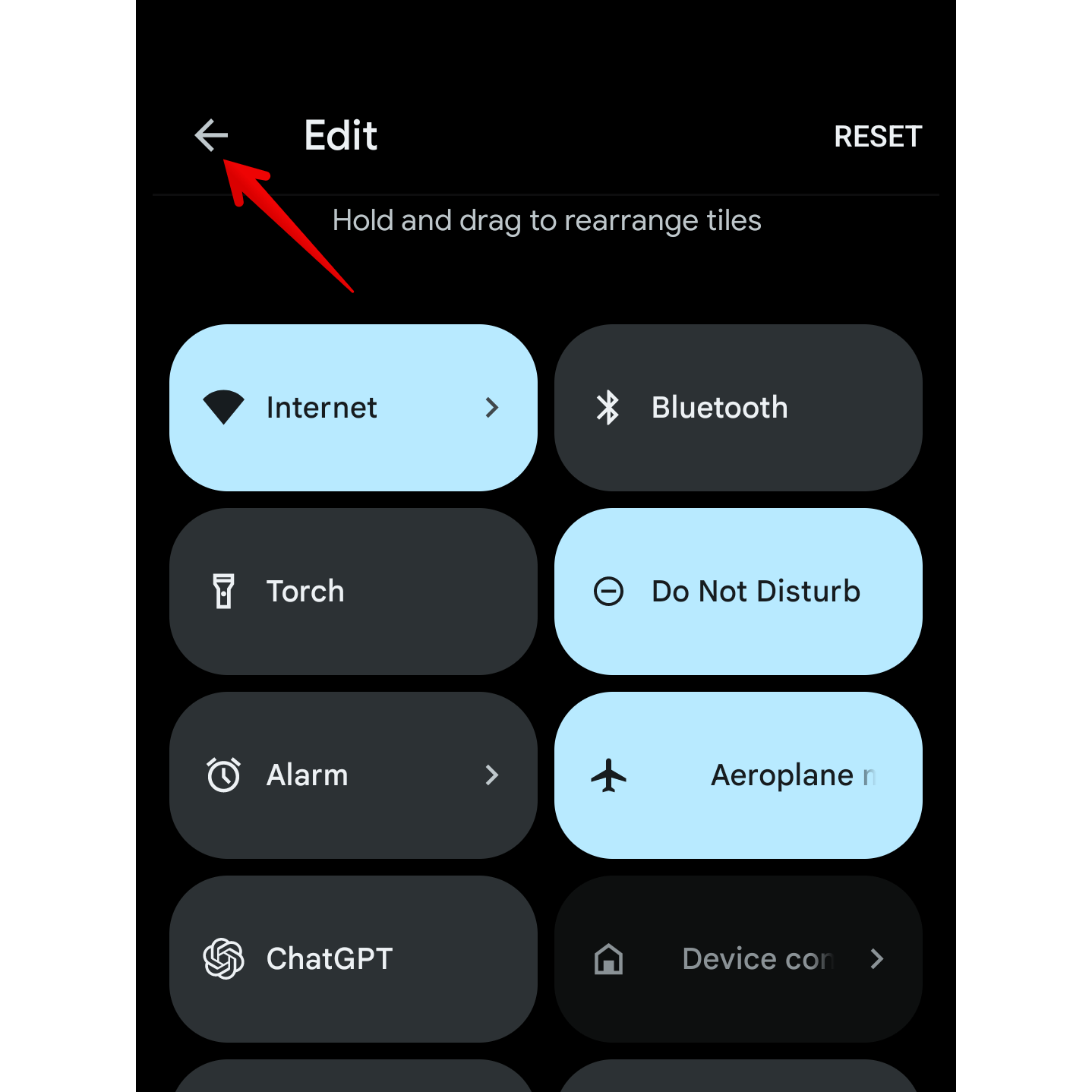 Uma visualização da tela de edição do painel Configurações rápidas do Android.