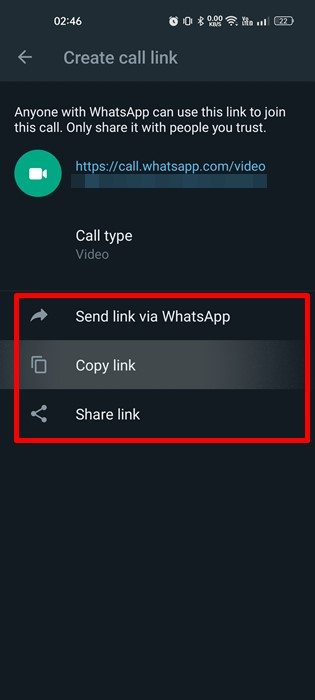 compartilhe o link de chamada do WhatsApp