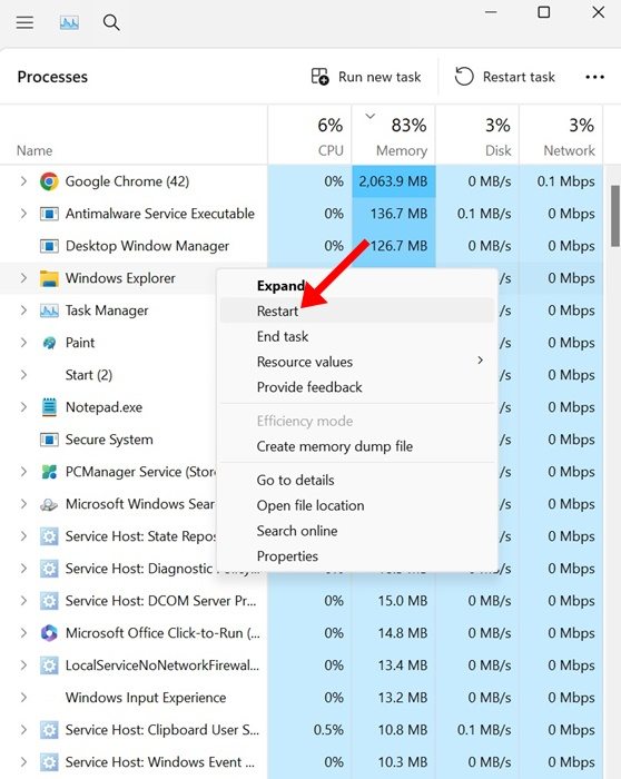 Reinicie o processo do Windows Explorer