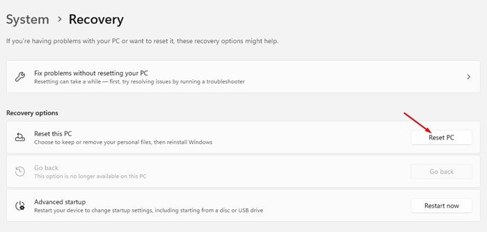 Redefinir PC com Windows 11