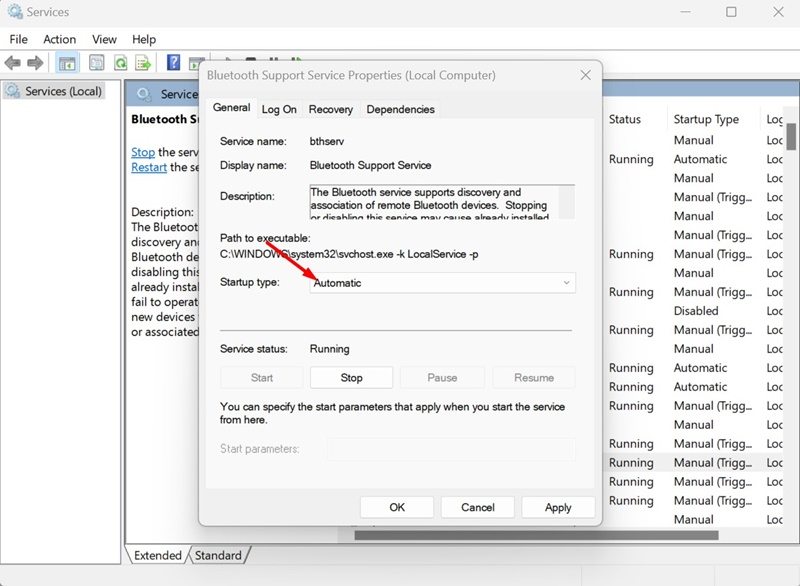 Faça alterações no serviço de suporte Bluetooth