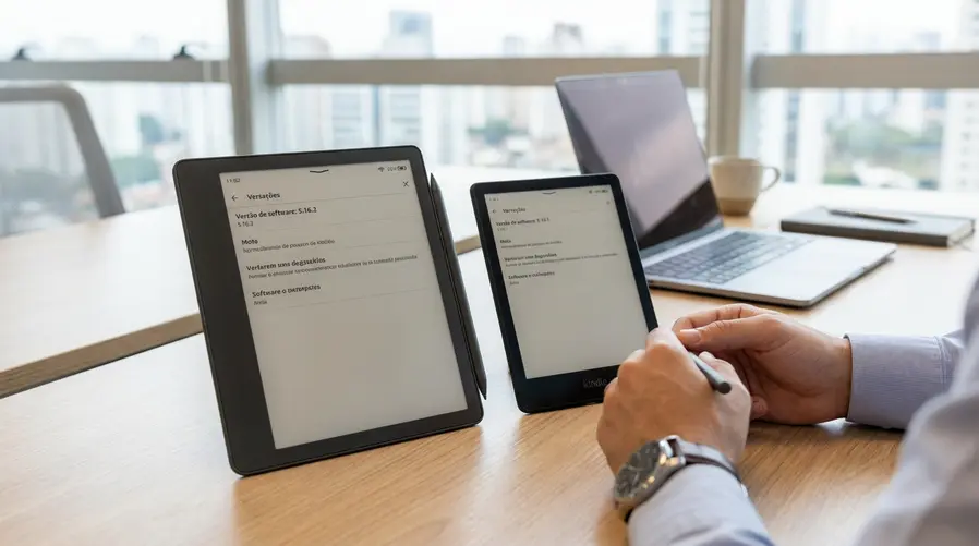 Uma foto de um Kindle Scribe e de um Kindle Paperwhite recente lado a lado, com a tela de configurações de software aberta mostrando a versão da atualização instalada, para reforçar visualmente quais aparelhos estão recebendo o pacote.