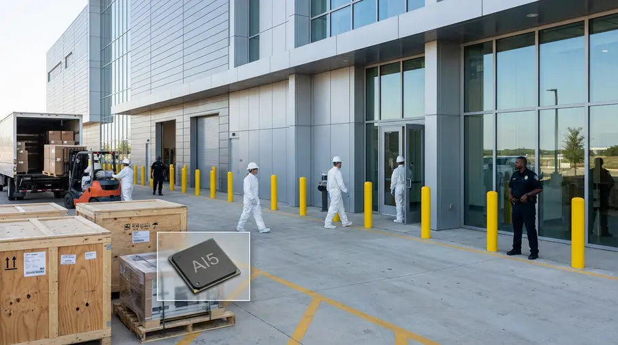 Uma imagem da fábrica da Samsung em Taylor, Texas, com destaque para a área industrial de semicondutores e, sobreposta de forma editorial, uma representação visual discreta de um chip AI5 ao lado de caixas de equipamentos chegando ao local, para ilustrar o momento em que a produção do chip da Tesla deve começar.