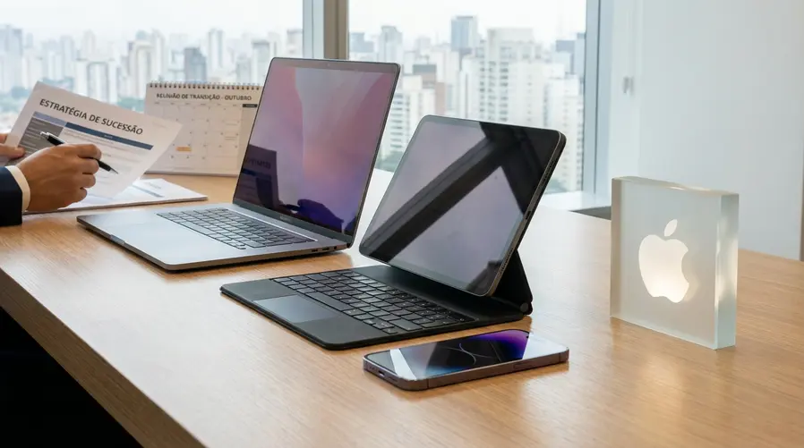 Uma imagem do logo da Apple ao lado de um iPhone, um iPad e um MacBook dispostos sobre uma mesa, com foco em representar a sucessão como algo que impacta os aparelhos que o leitor usa no dia a dia, não apenas a sala de diretoria.