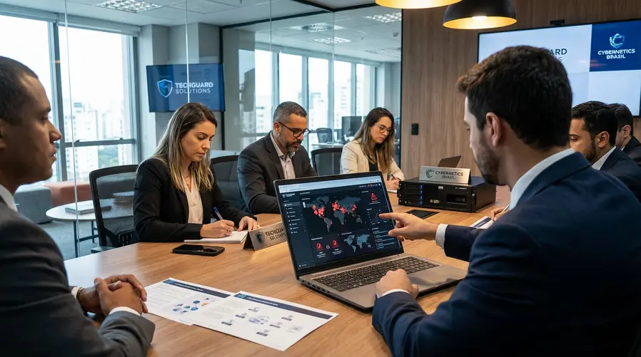 Um mosaico visual com os logotipos das empresas parceiras ao redor de uma tela central exibindo um mapa de vulnerabilidades em um notebook, um smartphone e um servidor, sugerindo cooperação para proteger os sistemas que o consumidor usa no dia a dia.