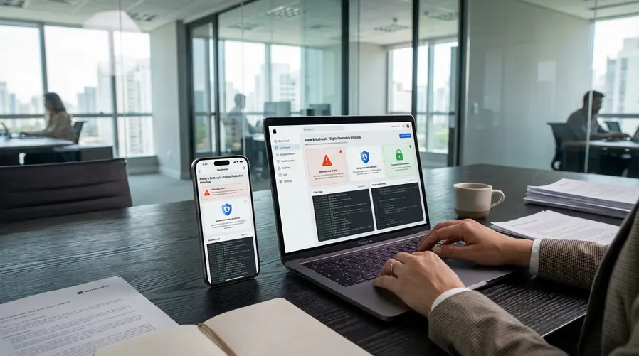 Uma cena com um iPhone e um MacBook lado a lado em uma mesa, com uma interface de segurança na tela mostrando alertas, escudos e linhas de código, reforçando a ideia de colaboração entre Apple e Anthropic para testar e reforçar proteção digital.