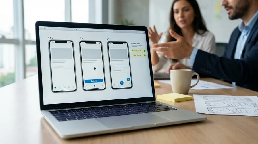 Uma tela de notebook mostrando uma interface de app sendo refinada em etapas, com várias versões lado a lado: botões reposicionados, menu inferior ajustado e um painel lateral indicando pequenas mudanças de layout, para ilustrar o processo de teste rápido de protótipos.