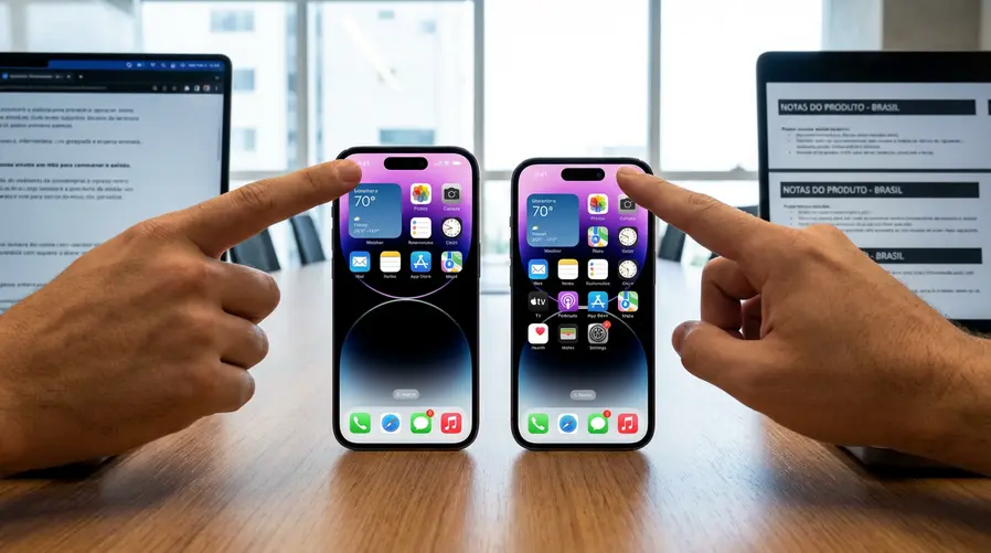 Uma comparação visual direta entre a Dynamic Island atual e uma versão 'mini' menor no topo da tela, de preferência em mockups lado a lado, destacando o recorte superior e a diferença de tamanho para o leitor perceber de imediato o que pode mudar.