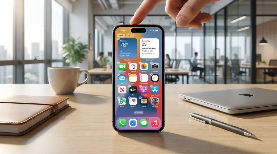 Uma tela de iPhone com a tela inicial em modo de edição, mostrando ícones e widgets deslocados, e um destaque visual para os botões/ação de desfazer e refazer no layout, como se o usuário tivesse acabado de reorganizar os itens e pudesse reverter a mudança.