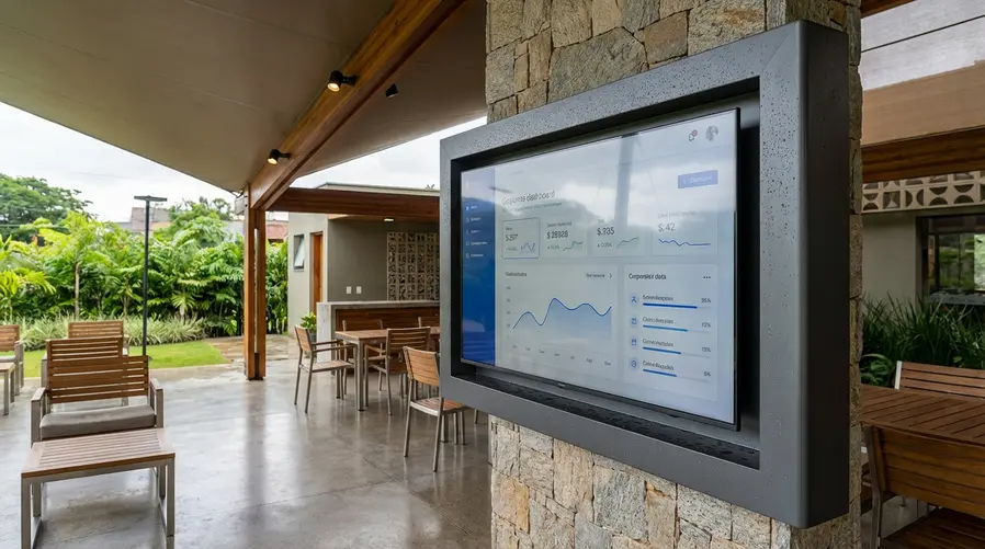 Uma cena de uma TV instalada em área externa coberta, mostrando claramente o painel quase sem bordas, gotas de chuva na carcaça e luz do dia incidindo sobre a tela, para reforçar a ideia de resistência climática e visibilidade ao ar livre.