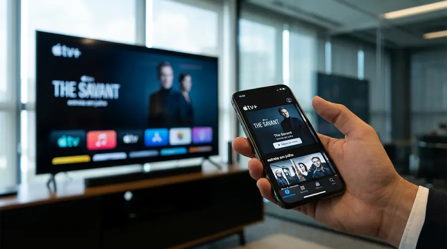 Uma imagem da página do Apple TV+ em um celular ou smart TV, com a arte de The Savant destacada na vitrine de novidades e uma indicação visual discreta de ‘estreia em julho’ para reforçar a expectativa da seção.