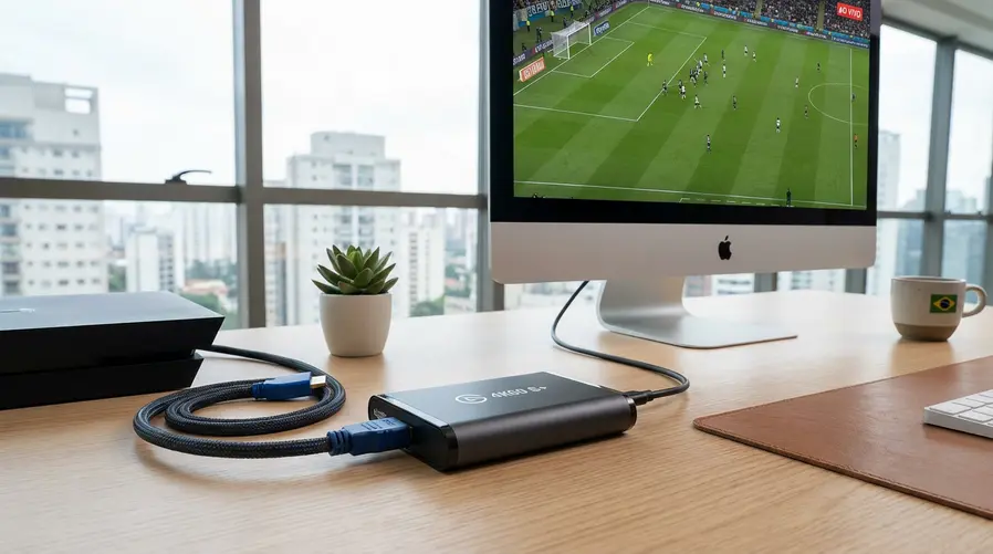 Uma montagem mostrando um cabo HDMI saindo de um console e entrando em uma placa de captura compacta, com o sinal aparecendo na tela de um iMac ou iPad ao lado; a imagem deve destacar a conexão física da placa de captura ao computador/tela, não o console em si.