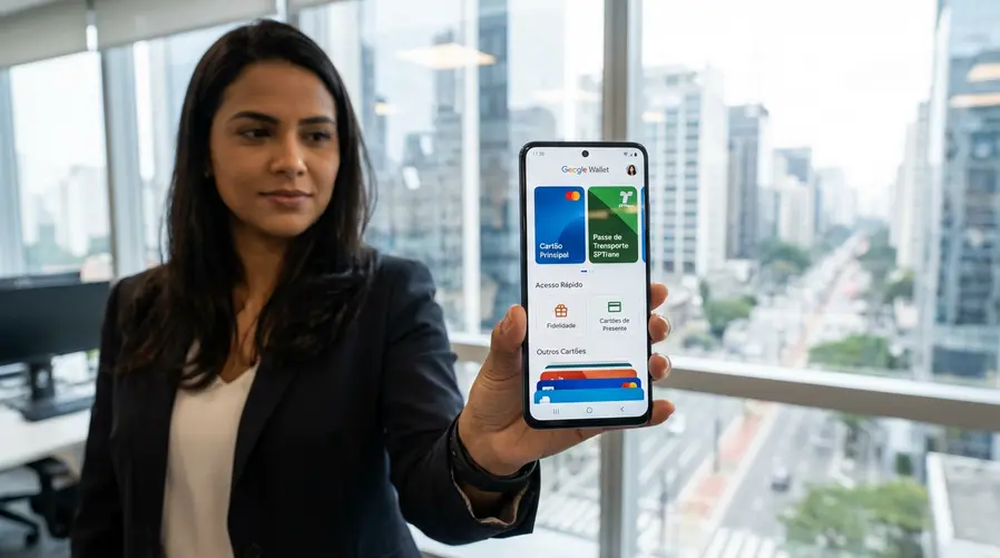 Uma captura de tela do Google Wallet na nova interface mostrando a organização mais limpa dos cartões principais, com destaque para a área onde o usuário acessa rapidamente um cartão de pagamento e um passe guardado, evidenciando a diferença de navegação antes e depois do redesign.