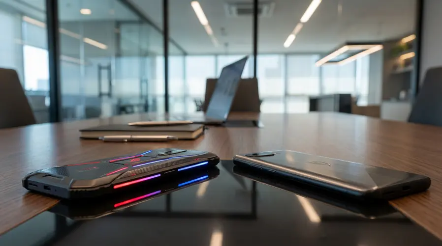 Uma imagem comparativa com dois celulares gamer lado a lado sobre uma mesa, um com visual mais chamativo e iluminação típica de jogos e outro com design mais discreto, para ilustrar a ideia de disputa de espaço entre marcas enquanto uma recua e a outra volta a entrar no mercado.