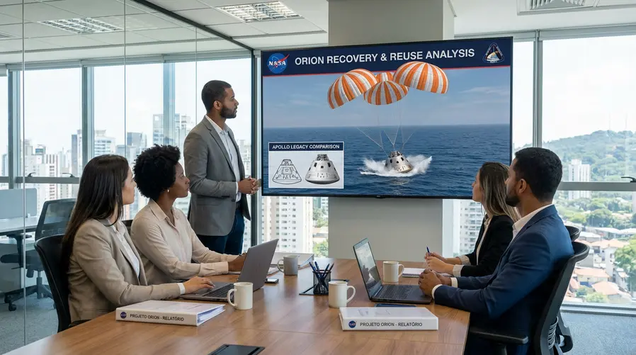 Uma imagem comparativa mostrando a cápsula Orion em retorno à Terra e um pequeno quadro visual ao lado com a diferença de formato e conceito em relação às cápsulas da era Apollo, destacando o splashdown no oceano e a ideia de reutilização.