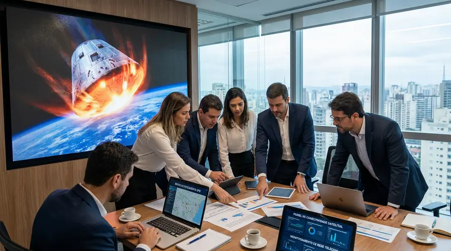 Foto da cápsula/retorno da Artemis II com a Terra ao fundo, destacando o momento do reingresso e sugerindo visualmente a conexão entre a missão espacial e as tecnologias que depois chegam a serviços de navegação e conectividade usados no dia a dia.